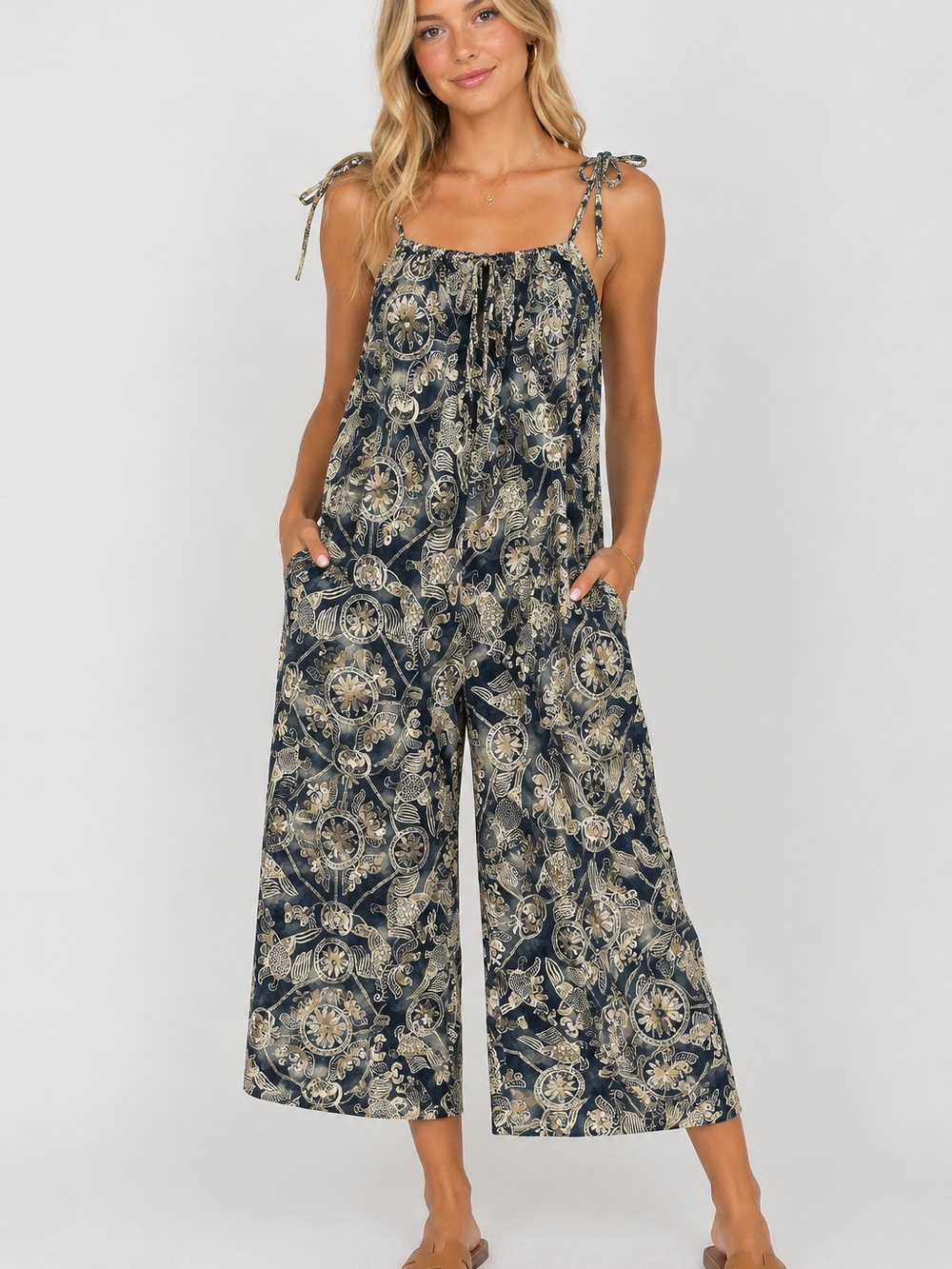 Jaded Gypsy Boho Paisley Floral Print Wide Leg Cropped Jumpsuit Romper M